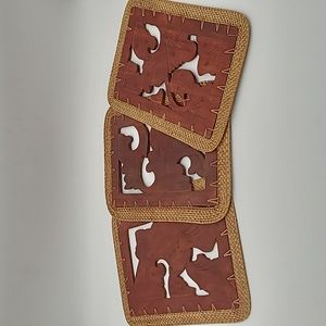 Vintage -Set of 3 Hand Carved Wooden Placemats with Rattan Trim